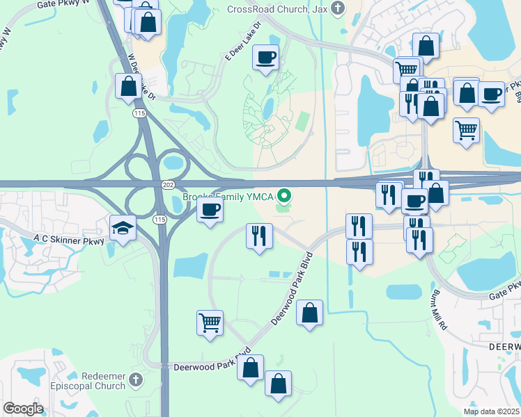 map of restaurants, bars, coffee shops, grocery stores, and more near 10407 Centurion Parkway North in Jacksonville