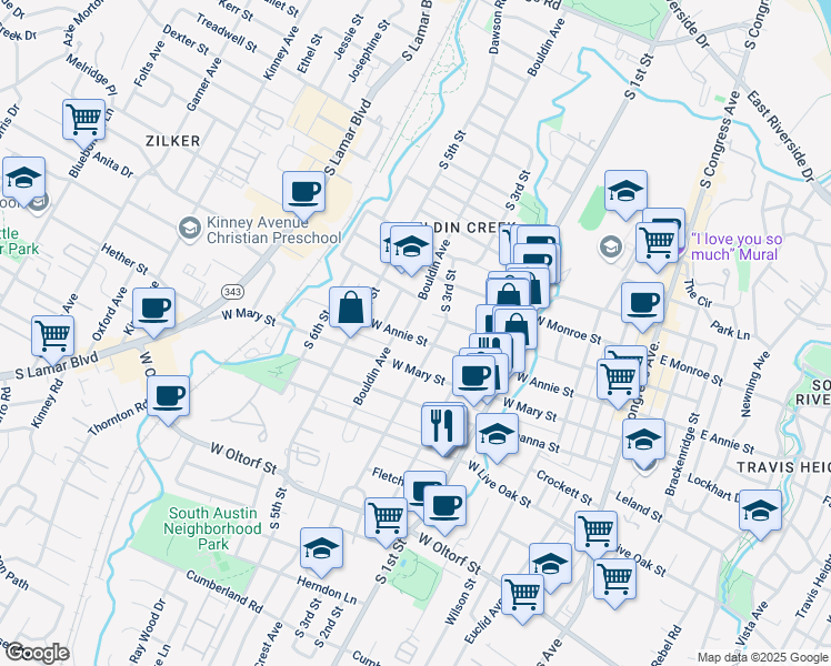 map of restaurants, bars, coffee shops, grocery stores, and more near 1711 Bouldin Avenue in Austin