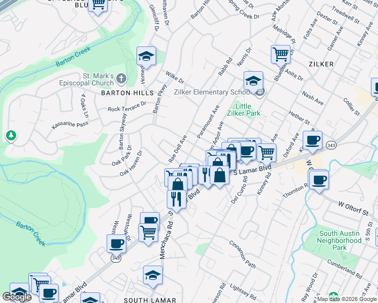 map of restaurants, bars, coffee shops, grocery stores, and more near 2200 Montclaire Street in Austin