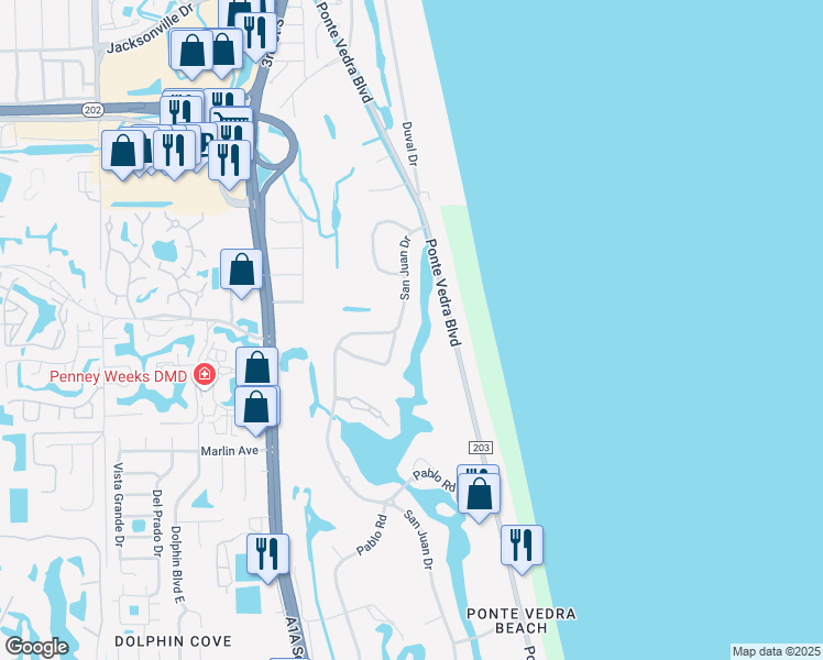map of restaurants, bars, coffee shops, grocery stores, and more near 71 San Juan Drive in Ponte Vedra Beach