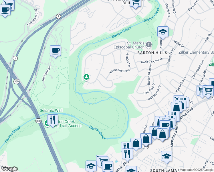 map of restaurants, bars, coffee shops, grocery stores, and more near 2709 Tether Trail in Austin