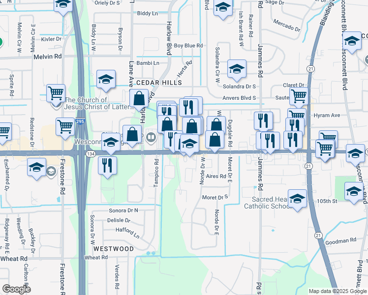 map of restaurants, bars, coffee shops, grocery stores, and more near 6703 103rd Street in Jacksonville