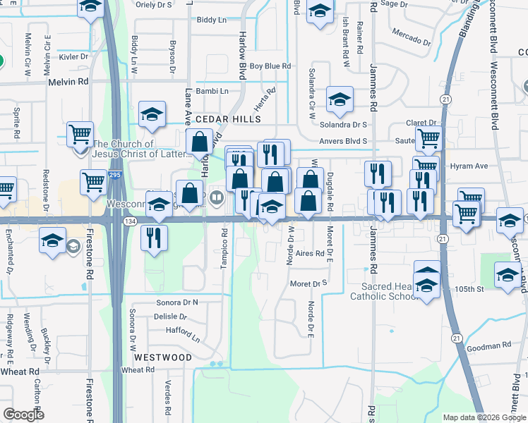 map of restaurants, bars, coffee shops, grocery stores, and more near 6703 103rd Street in Jacksonville