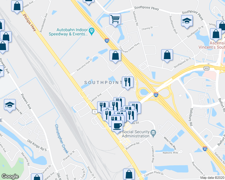 map of restaurants, bars, coffee shops, grocery stores, and more near 4888 Lenoir Avenue in Jacksonville