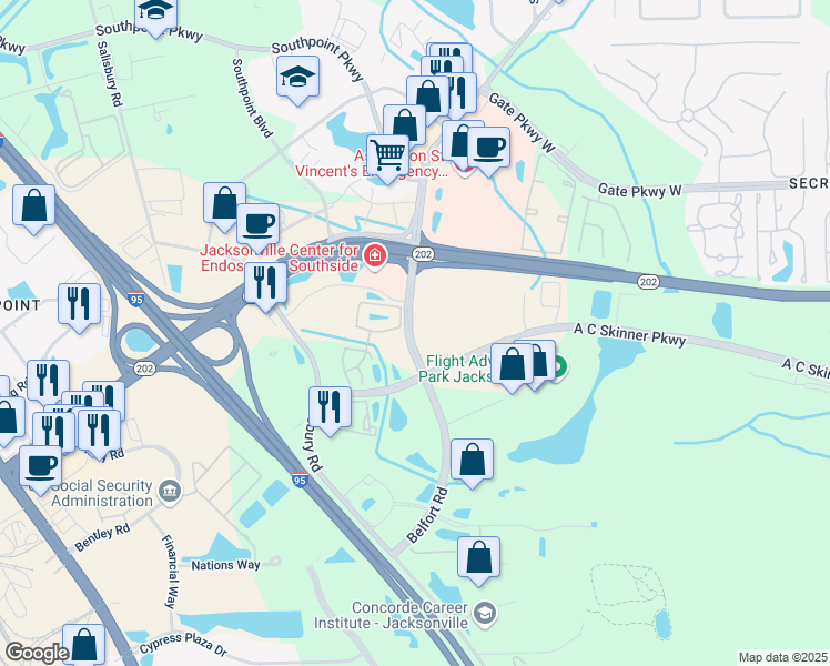 map of restaurants, bars, coffee shops, grocery stores, and more near 4899 Belfort Road in Jacksonville