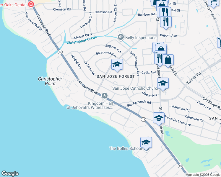 map of restaurants, bars, coffee shops, grocery stores, and more near 7053 Madrid Avenue in Jacksonville