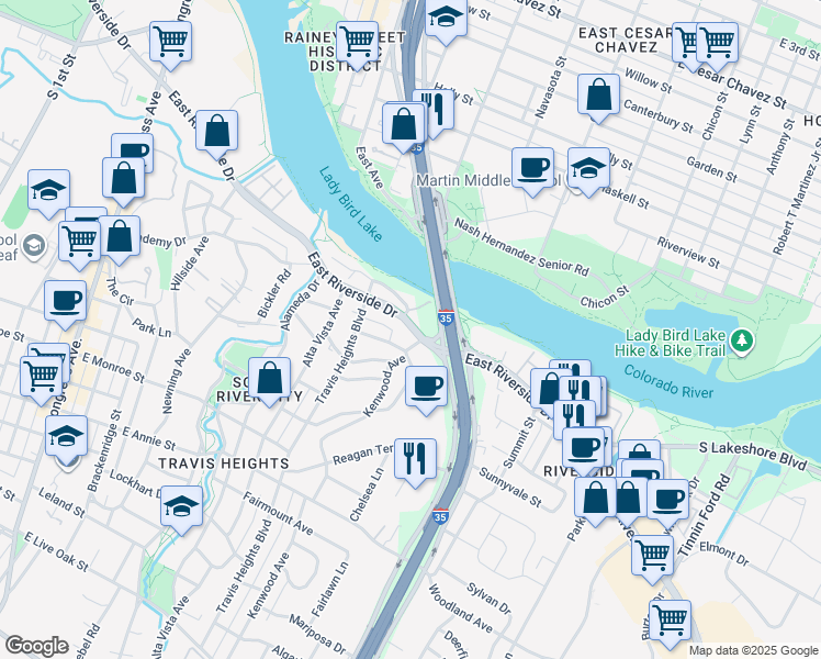 map of restaurants, bars, coffee shops, grocery stores, and more near 1026 East Riverside Drive in Austin