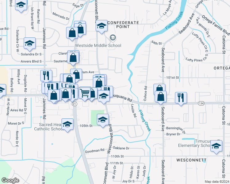 map of restaurants, bars, coffee shops, grocery stores, and more near 5930 Transylvania Avenue in Jacksonville