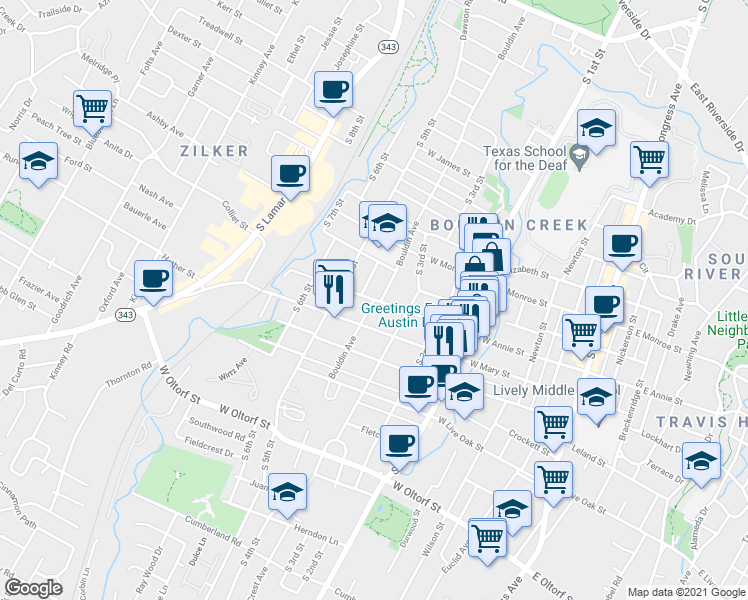 map of restaurants, bars, coffee shops, grocery stores, and more near Bouldin Ave & Annie St W in Austin