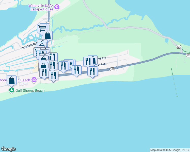 map of restaurants, bars, coffee shops, grocery stores, and more near 401 East Beach Boulevard in Gulf Shores