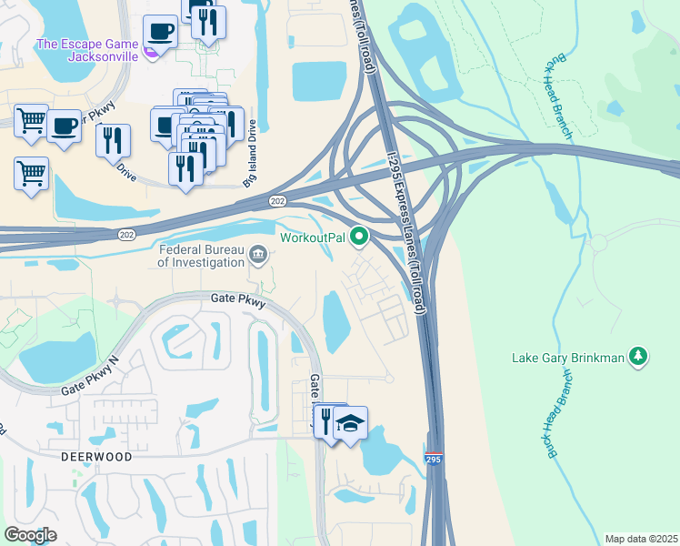 map of restaurants, bars, coffee shops, grocery stores, and more near 7300 Beach Haven Place in Jacksonville