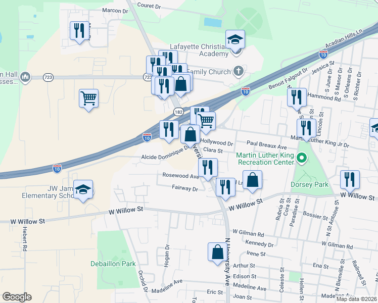 map of restaurants, bars, coffee shops, grocery stores, and more near 121 Alcide Dominique Drive in Lafayette