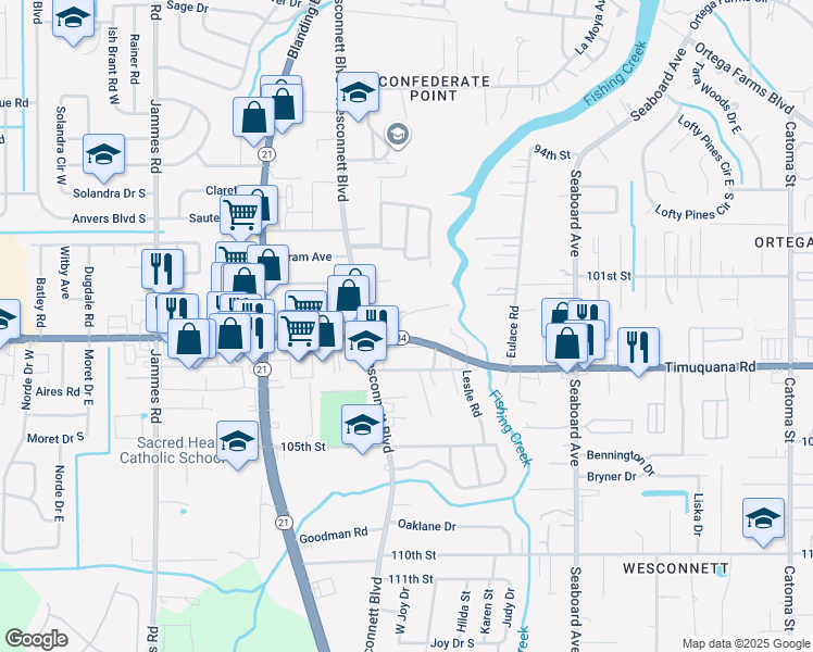 map of restaurants, bars, coffee shops, grocery stores, and more near 5930 Transylvania Avenue in Jacksonville