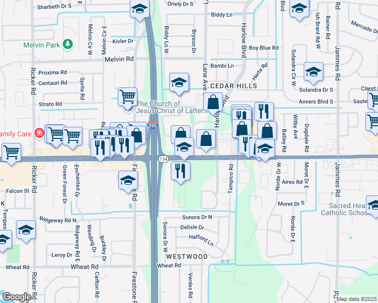 map of restaurants, bars, coffee shops, grocery stores, and more near 7023 103rd Street in Jacksonville