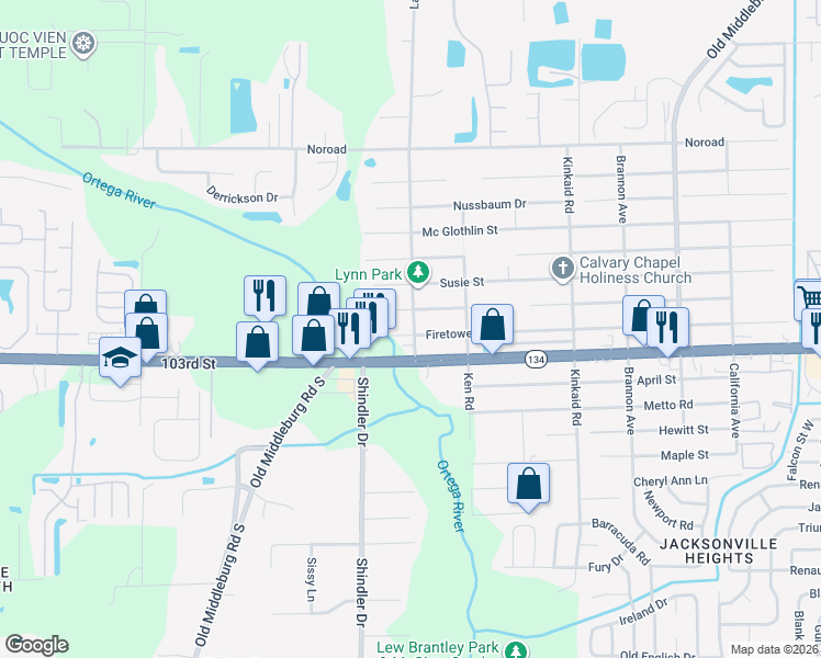 map of restaurants, bars, coffee shops, grocery stores, and more near 8739 Firetower Road in Jacksonville