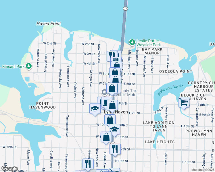 map of restaurants, bars, coffee shops, grocery stores, and more near 604 Florida Avenue in Lynn Haven