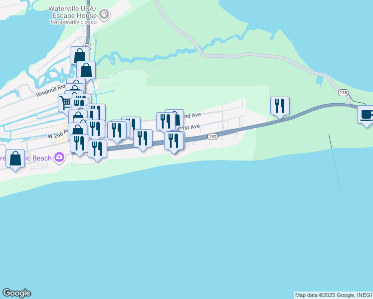 map of restaurants, bars, coffee shops, grocery stores, and more near 427 East Beach Boulevard in Gulf Shores