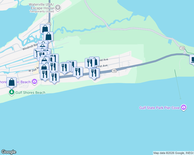 map of restaurants, bars, coffee shops, grocery stores, and more near 401 East Beach Boulevard in Gulf Shores