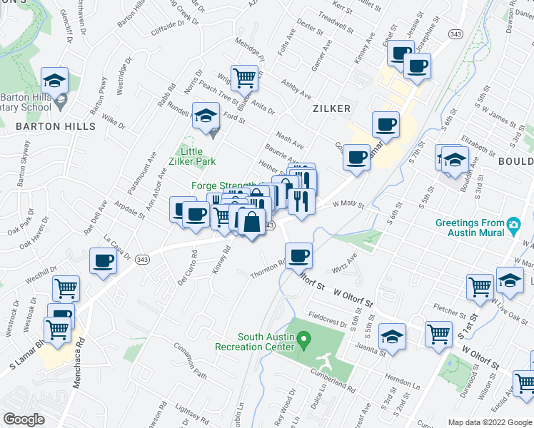 map of restaurants, bars, coffee shops, grocery stores, and more near 2108 Oxford Avenue in Austin
