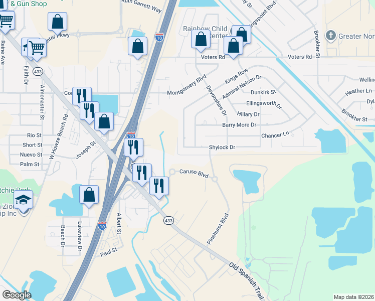 map of restaurants, bars, coffee shops, grocery stores, and more near 1408 Shylock Drive in Slidell
