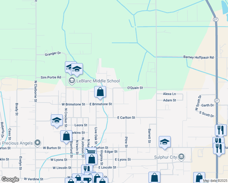 map of restaurants, bars, coffee shops, grocery stores, and more near 1108 Perry Street in Sulphur