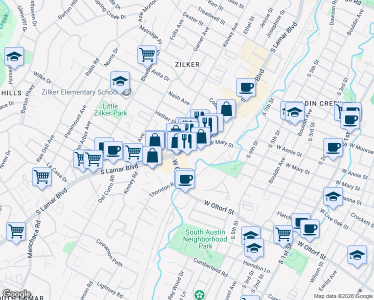 map of restaurants, bars, coffee shops, grocery stores, and more near S Lamar Blvd & Mary St W in Austin
