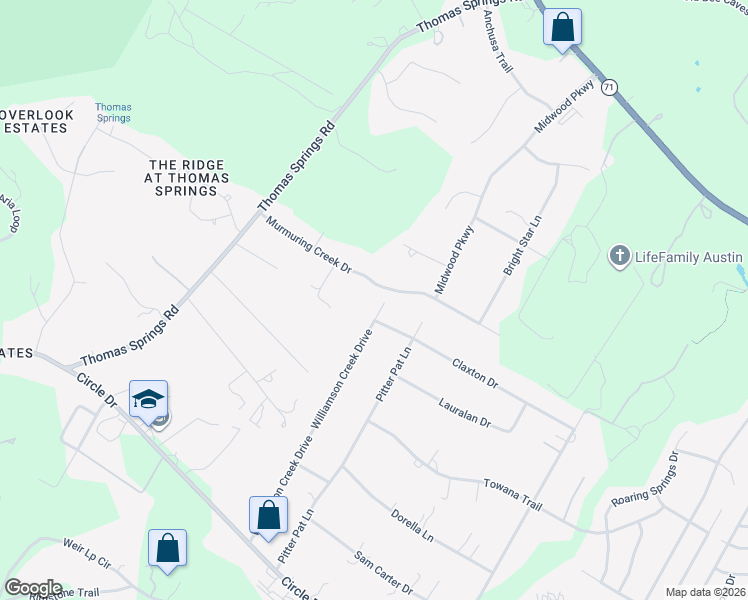 map of restaurants, bars, coffee shops, grocery stores, and more near 7400 Williamson Creek Drive in Austin