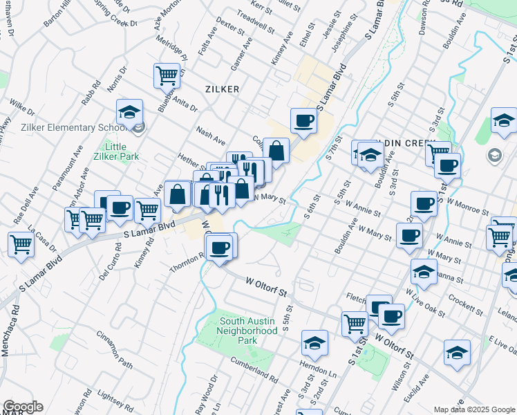 map of restaurants, bars, coffee shops, grocery stores, and more near 44 West Mary Street in Austin