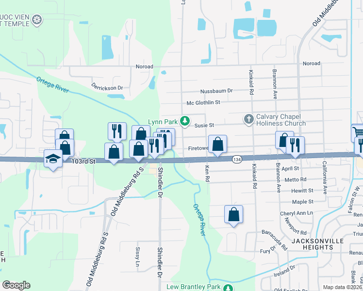 map of restaurants, bars, coffee shops, grocery stores, and more near 8739 Firetower Road in Jacksonville
