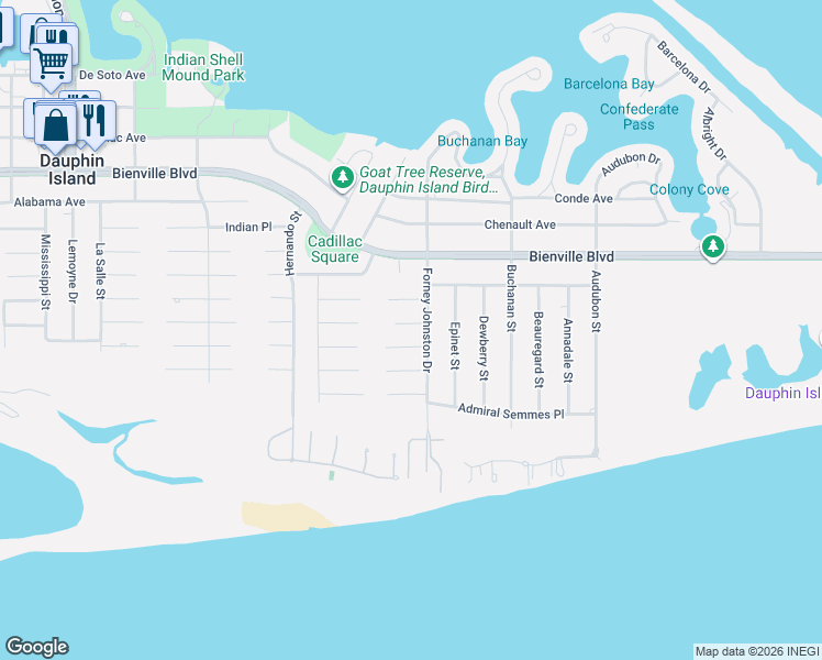 map of restaurants, bars, coffee shops, grocery stores, and more near in Dauphin Island