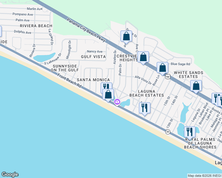 map of restaurants, bars, coffee shops, grocery stores, and more near 20737 1st Avenue in Panama City