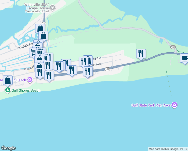 map of restaurants, bars, coffee shops, grocery stores, and more near 427 East Beach Boulevard in Gulf Shores