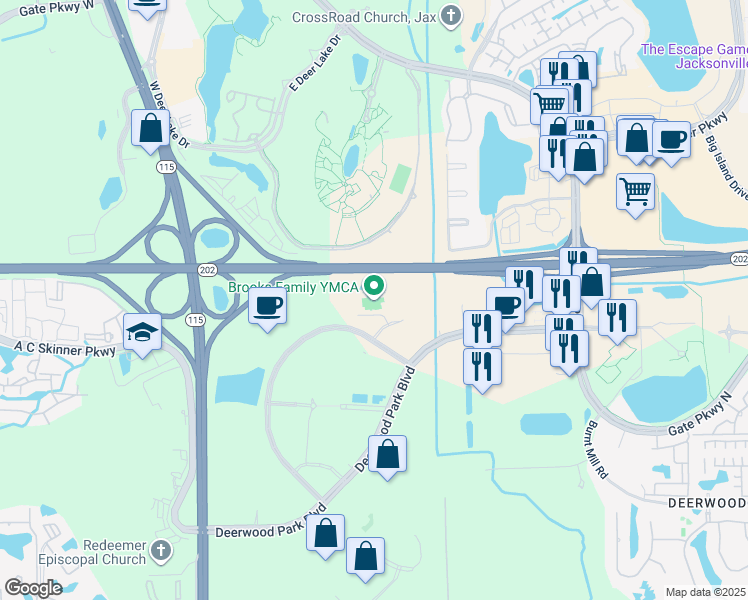 map of restaurants, bars, coffee shops, grocery stores, and more near 10423 Centurion Parkway North in Jacksonville