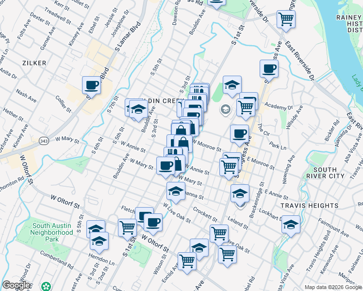 map of restaurants, bars, coffee shops, grocery stores, and more near 1603 South 1st Street in Austin