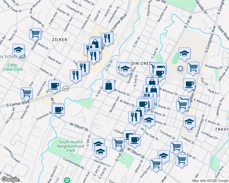 map of restaurants, bars, coffee shops, grocery stores, and more near 909 West Annie Street in Austin