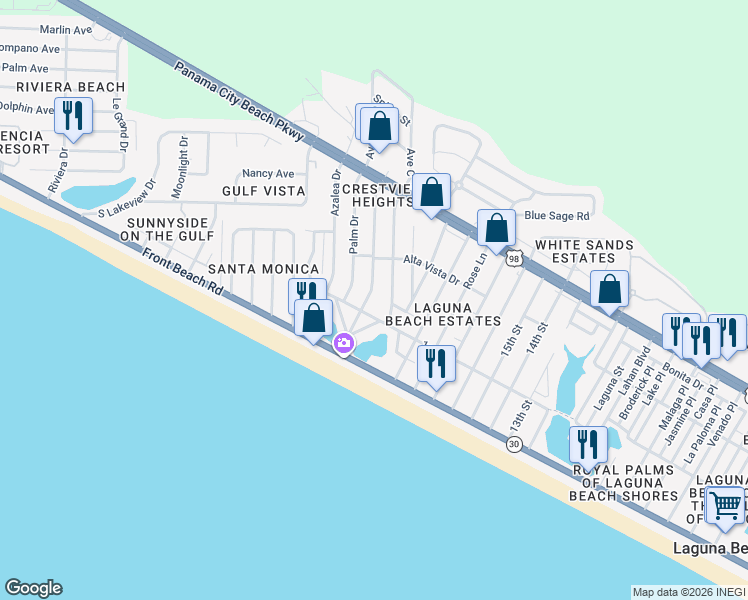 map of restaurants, bars, coffee shops, grocery stores, and more near 213 Twin Lakes Drive in Panama City