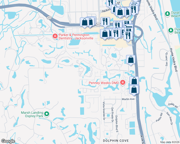 map of restaurants, bars, coffee shops, grocery stores, and more near 200 Boardwalk Drive in Ponte Vedra Beach
