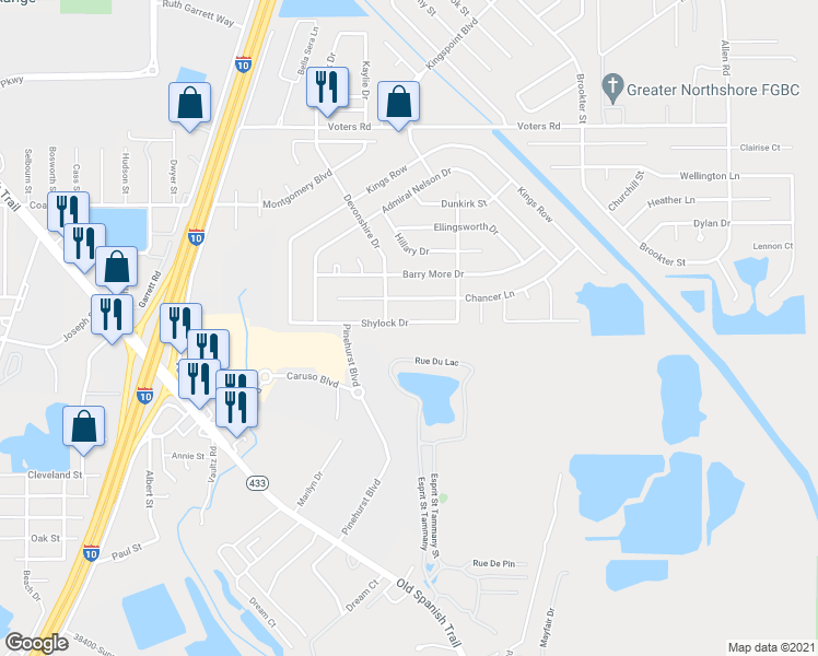 map of restaurants, bars, coffee shops, grocery stores, and more near 1618 Shylock Drive in Slidell