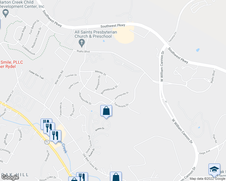 map of restaurants, bars, coffee shops, grocery stores, and more near 7441 Bonniebrook Drive in Austin