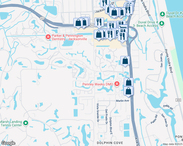 map of restaurants, bars, coffee shops, grocery stores, and more near 1084 Sea Hawk Drive East in Ponte Vedra Beach