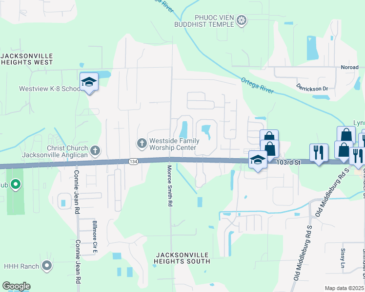 map of restaurants, bars, coffee shops, grocery stores, and more near 9541 103rd Street in Jacksonville