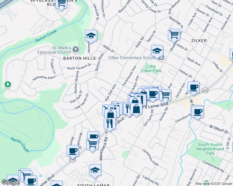 map of restaurants, bars, coffee shops, grocery stores, and more near 2202 Montclaire Street in Austin
