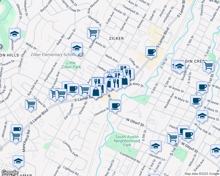 map of restaurants, bars, coffee shops, grocery stores, and more near in Austin
