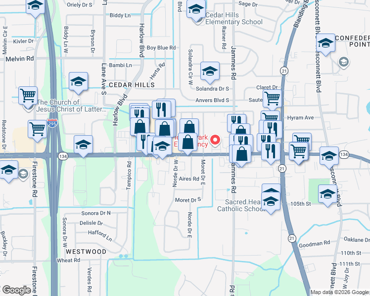 map of restaurants, bars, coffee shops, grocery stores, and more near 5335 Batley Road in Jacksonville