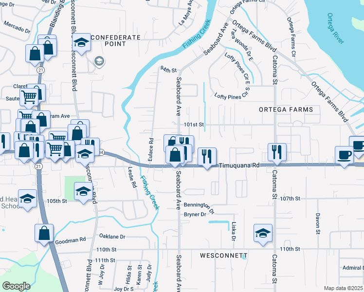 map of restaurants, bars, coffee shops, grocery stores, and more near 5325 Seaboard Avenue in Jacksonville