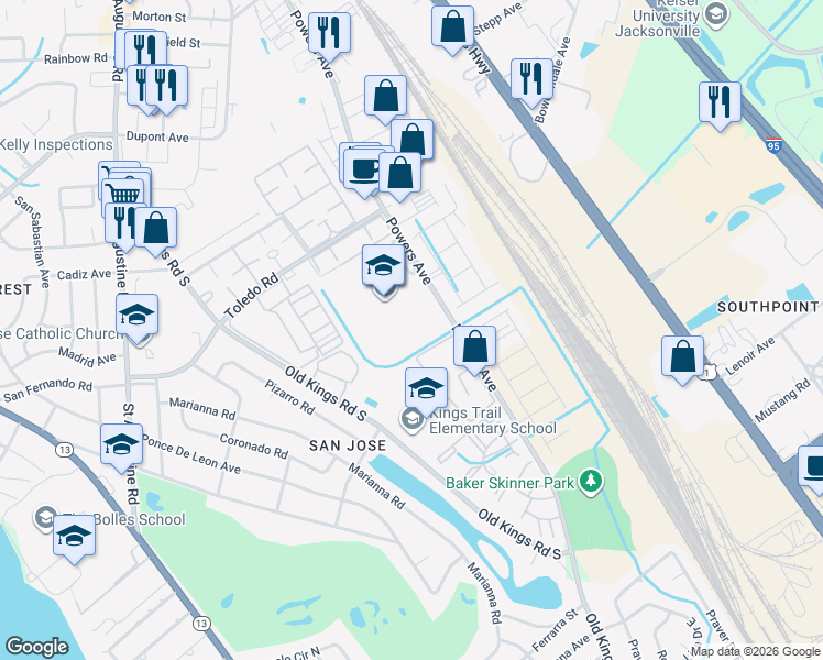 map of restaurants, bars, coffee shops, grocery stores, and more near 7000 Powers Avenue in Jacksonville