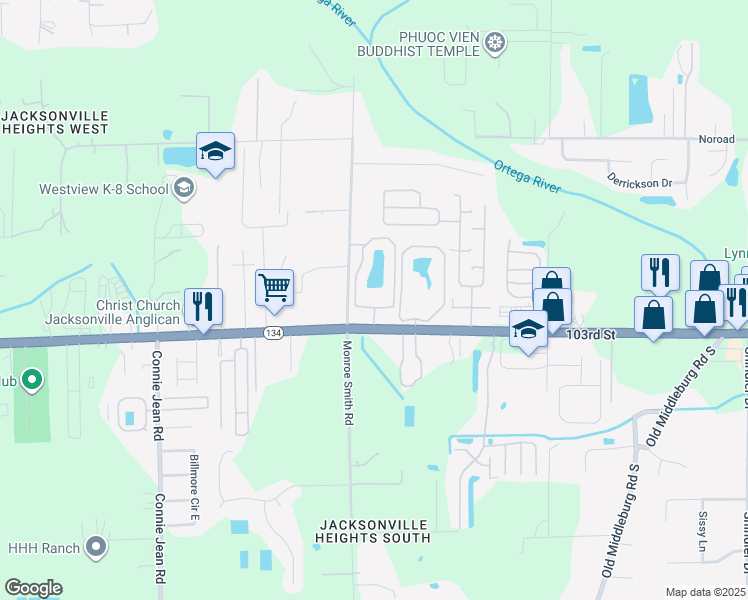 map of restaurants, bars, coffee shops, grocery stores, and more near 9541 103rd Street in Jacksonville