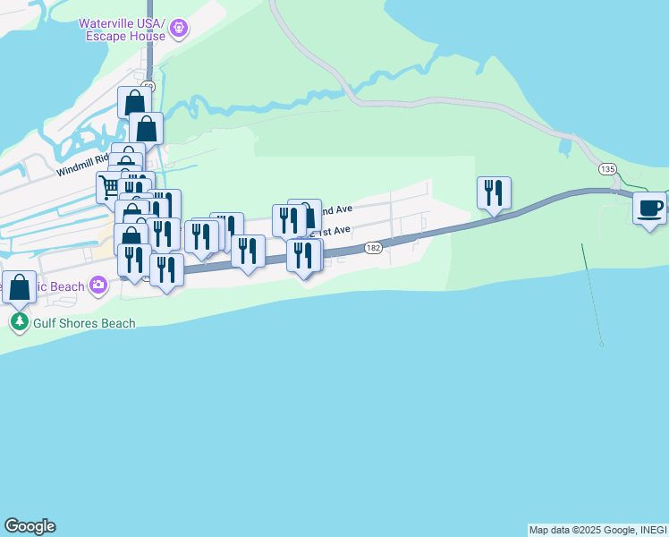map of restaurants, bars, coffee shops, grocery stores, and more near 427 East Beach Boulevard in Gulf Shores
