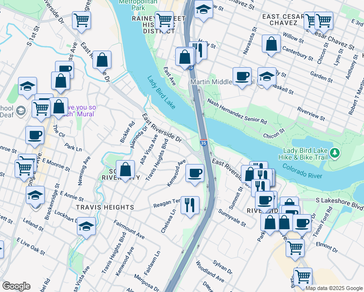 map of restaurants, bars, coffee shops, grocery stores, and more near 1026 East Riverside Drive in Austin