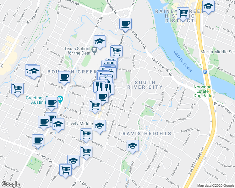 map of restaurants, bars, coffee shops, grocery stores, and more near 208 Park Lane in Austin